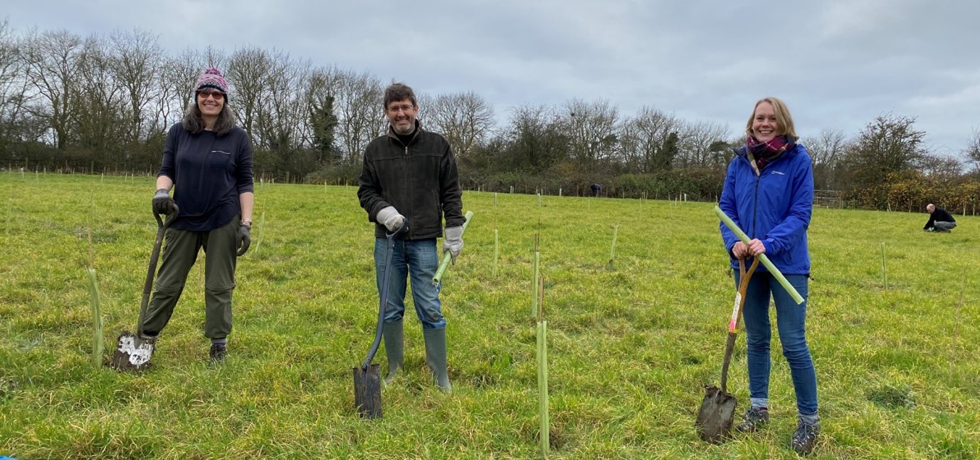 CCVS team members standing in a field, volunteering to plant trees with Cambridge Past, Present & Future.