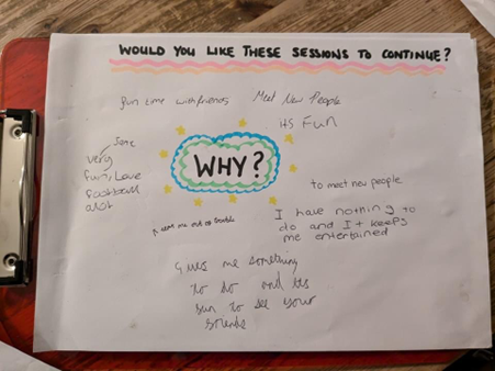 A large sheet of white paper with the heading - Why would you like these sessions to continue. WHY in the centre surrounded by blue wriggly lines. Quotes the young people have written themselves about why they want the group to continue.
