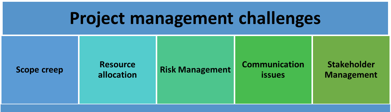 Bright bold blocks with headings - scope creep, Resource Allocation, Risk Management, Communication Issues and Stakeholder Management