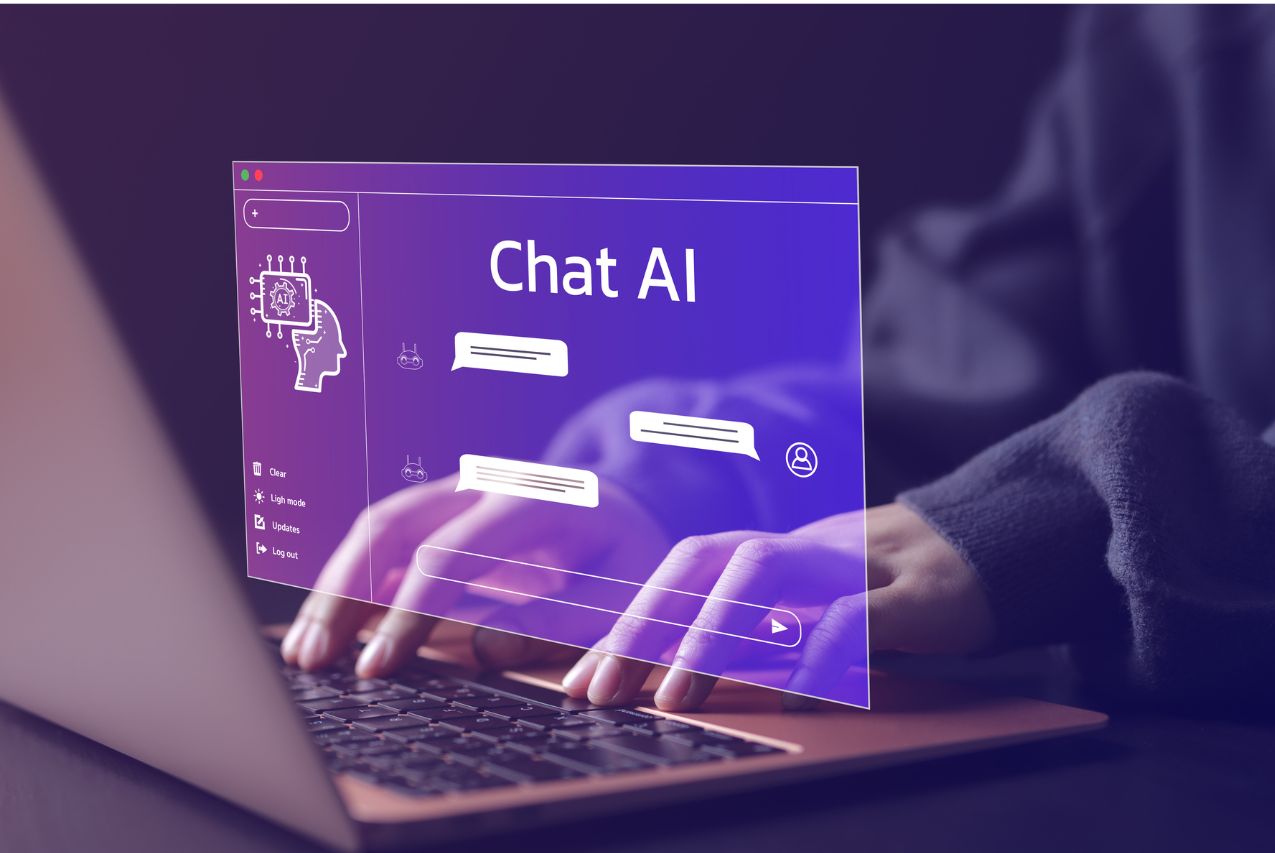 A pair of hands typing on a laptop keyboard, a screen shows an outline of a head with AI ideas coming out of it, and a chat AI screen with speech bubbles