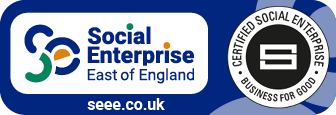 Logo for social enterprises East of England. Blue background with coloured curved lines forming the letters S and E