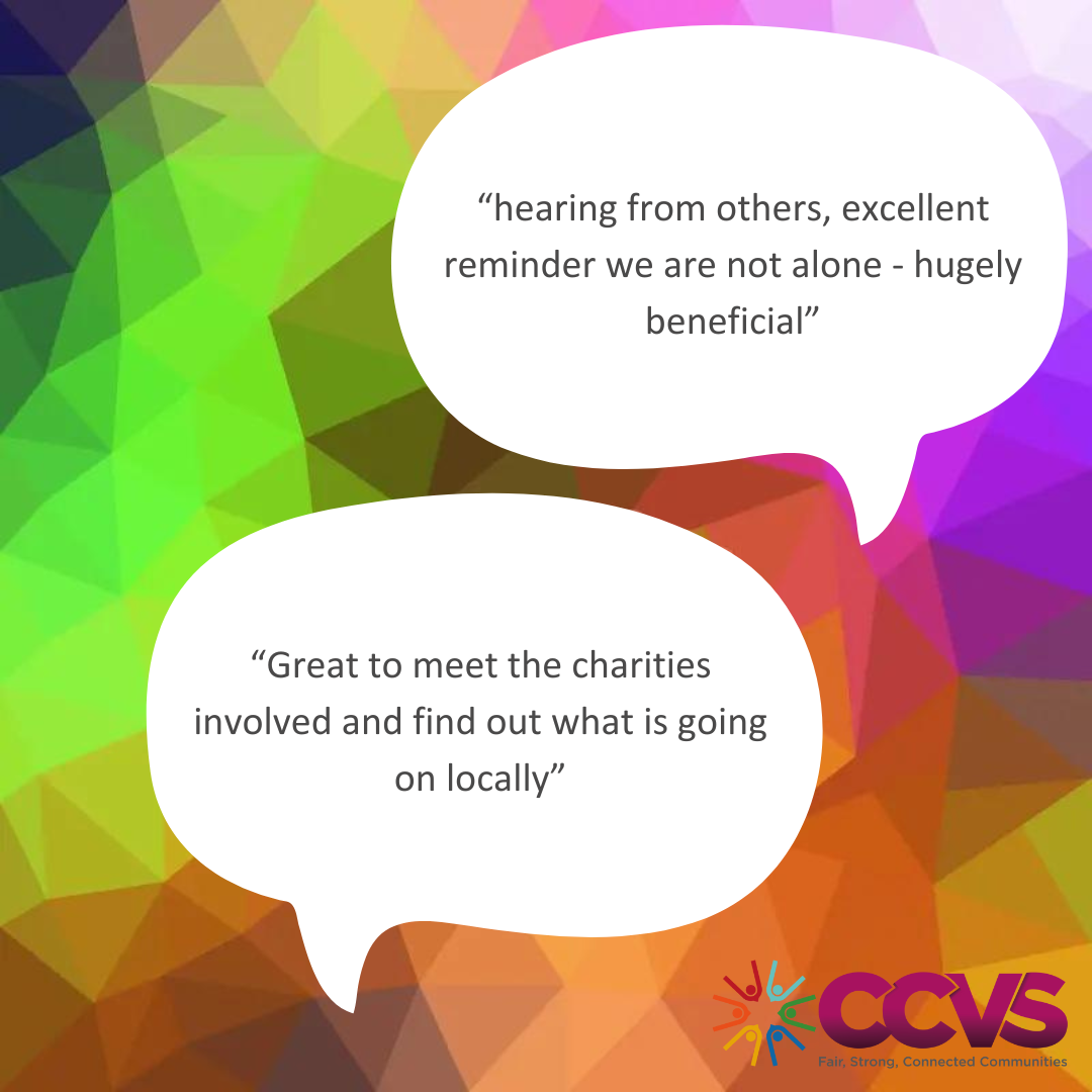 Ryan's second design for sharing feedback. Background made up of CCVS brand colours in a random 3d mix. Two speecha bubbles. One - 