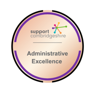 Round bronze-peach badge at the top logo of Support Cambridgeshire shown, with purple outline labelled 'Administrative Skills' at the bottom. 