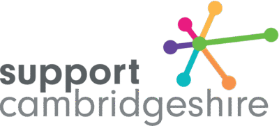 Support Cambridgeshire logo featuring the words Support Cambridgeshire in grey lowercase letters next to a network of five colorful connected dots.