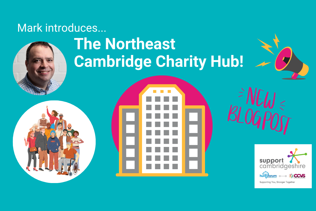 Selection of images on a turquoise background- a photo of CEO Mark Freeman, a graphic image of a diverse group of people, an office building, and title - The Northeast Cambridge Charity Hub