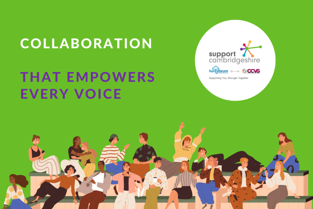 Green graphic with the text Collaboration that empowers every voice. Along the bottom, an illustrated group of diverse people sit and talk together, representing community collaboration