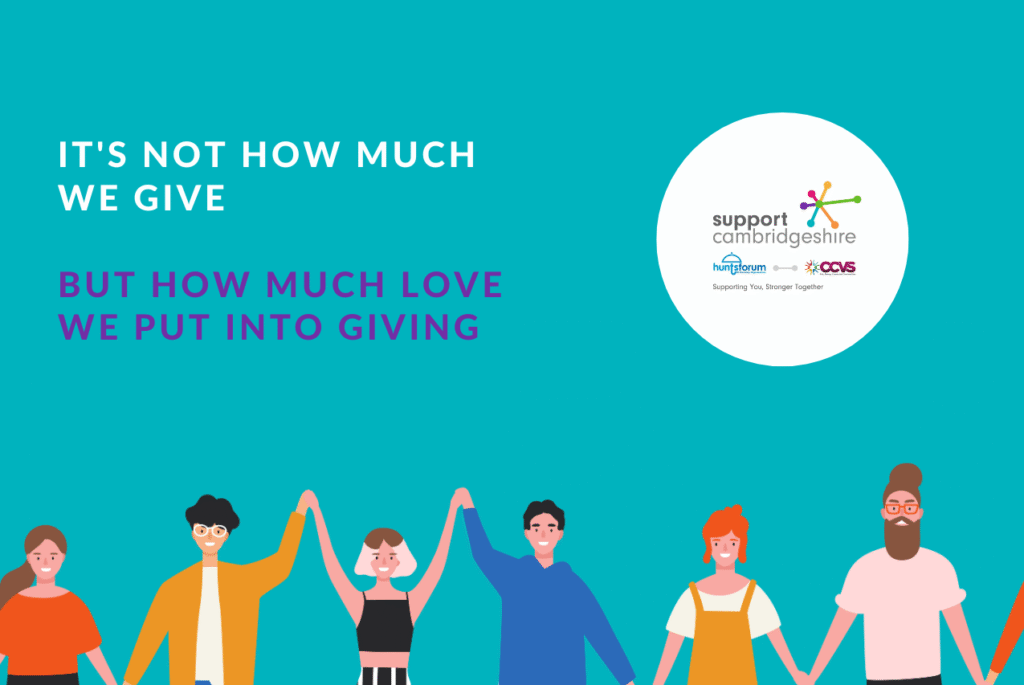 Graphic images of a group of people standing in a line holding hands. Text reads: It's not how much we give, but how much love we put into giving.