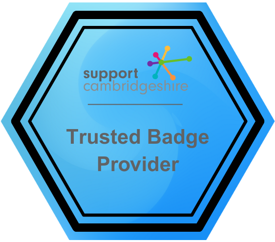 Hexagon-shaped blue badge with the Support Cambridgeshire logo at the top and the words Trusted Badge Provider in the centre.