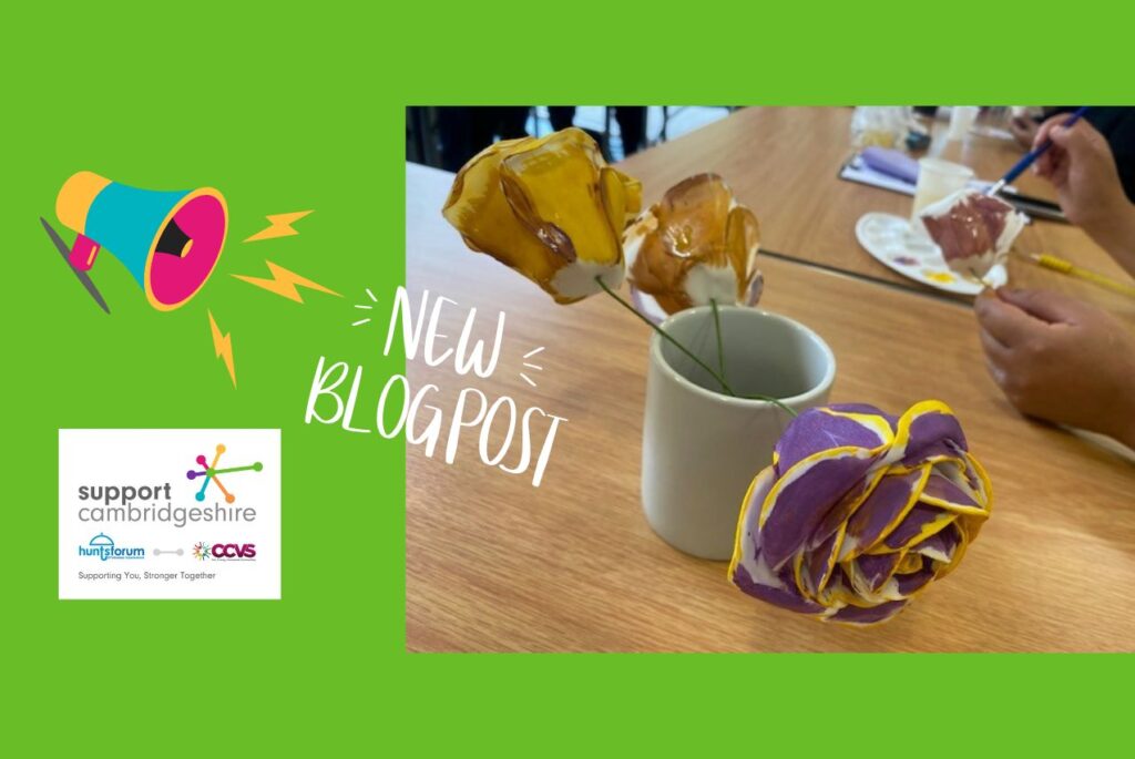Bright green background. A photo of a bunch of painted pottery roses made by members of the group. In the background we see a hand holing a paintbrush painting another rose. We also see the Support Cambridgeshire interim logo and a graphic of a loud hailer.