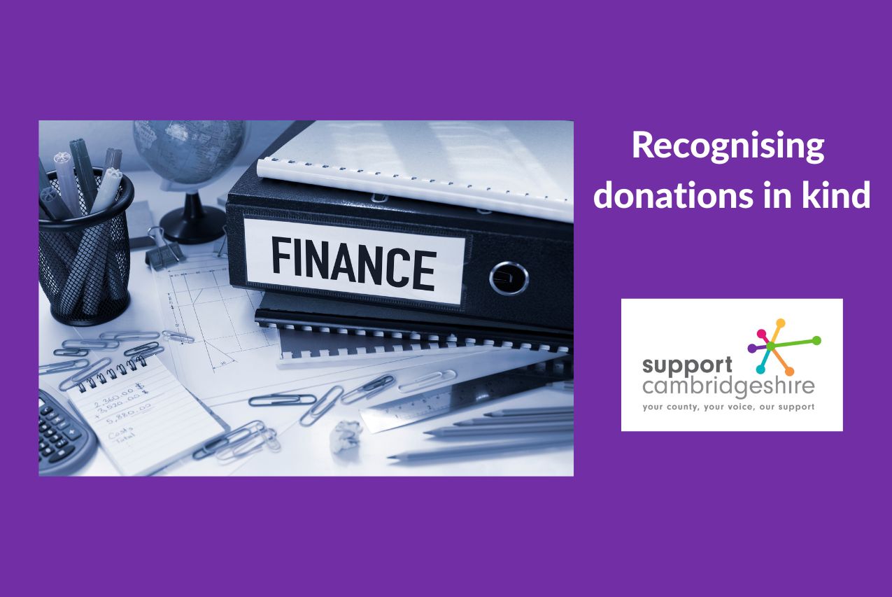 Purple background. Photo of a pile of ring binders. One has the title FINANCE. Paperclips, pens and a calculator surround the folders. Recognising donations in kind