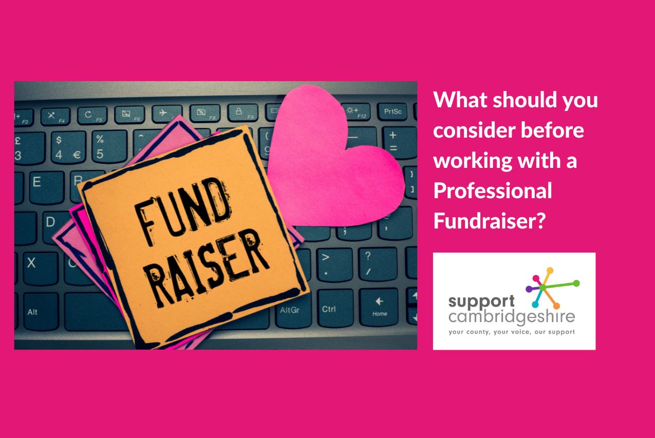 Pink background. Photo of a computer keyboard with heart shaped post it notes saying 'fund raiser'