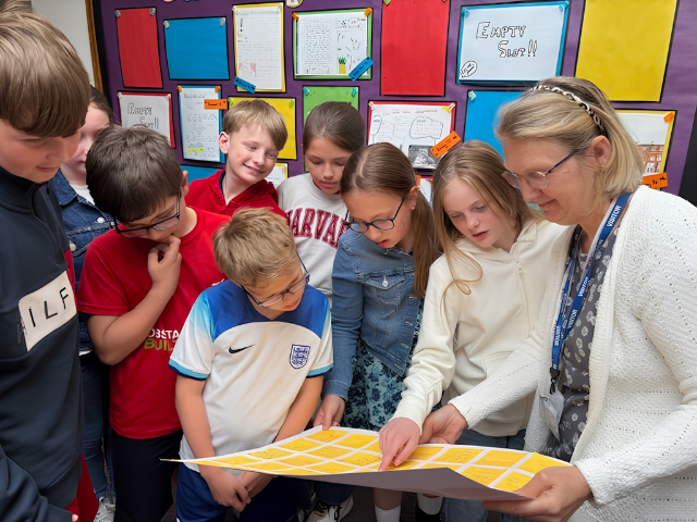 A group of school‑aged children standing together indoors, looking at a large printed sheet being held and pointed to by an adult, with classroom displays visible in the background.