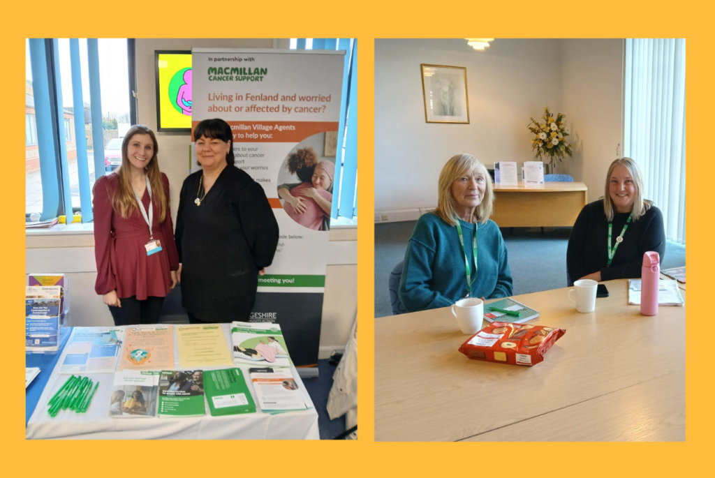 Two images side by side. One image shows two people standing behind a table waiting to speak to people to provide cancer support. Both are smiling. There are leaflets on the table. The second image shows two people sitting at table ready to chat, they each have a mug of team and there is a packet of biscuits on the table